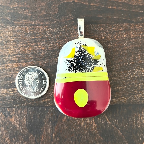 Artisan AJ Hallmarked Fused Glass Statement Pendant 16.49g Red Yellow Abstract - Picture 5 of 5